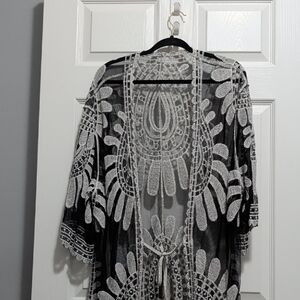 Black and White Sheer Embroidered Kimono